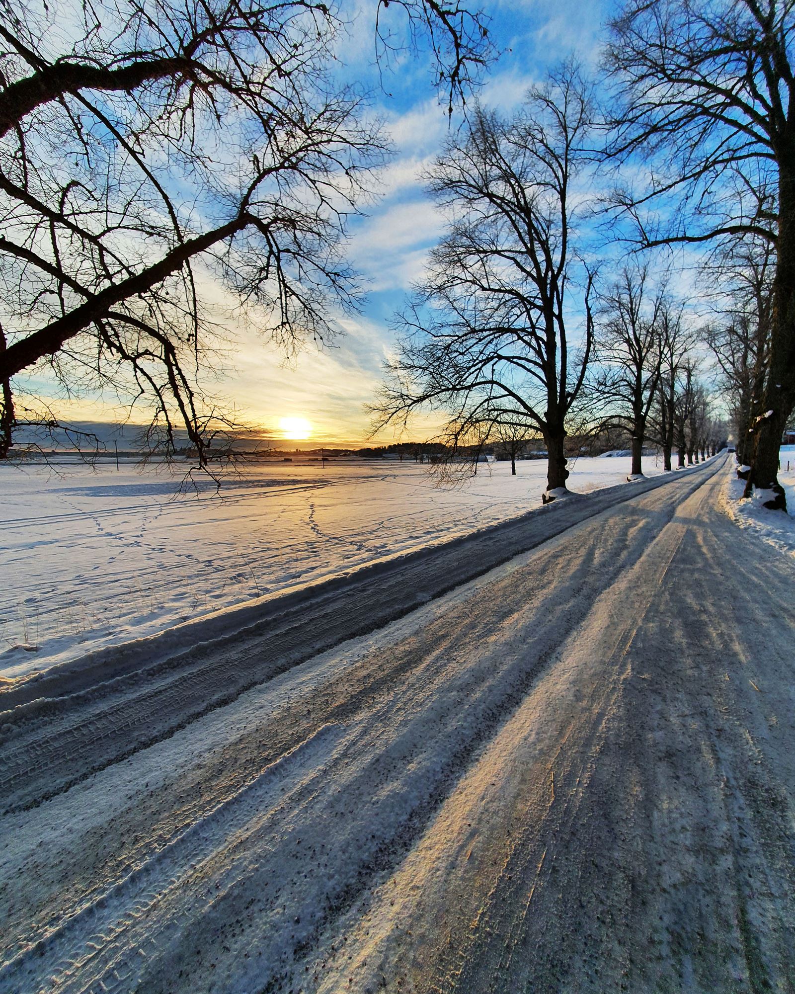 Vintrig väg i Järna med solen som glimrar lågt