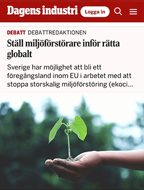 Debattartikel i Dagens Industri om Ekocid och stoppa storskalig miljöförstöring