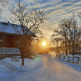 Utanför Ekobankens huvudkontor i skymningsvinter.