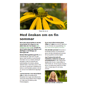 Nyhetsbrev 2026-06-11 med vd-ordet samt bilder på solgul blomma och Maria Flock Åhlander.