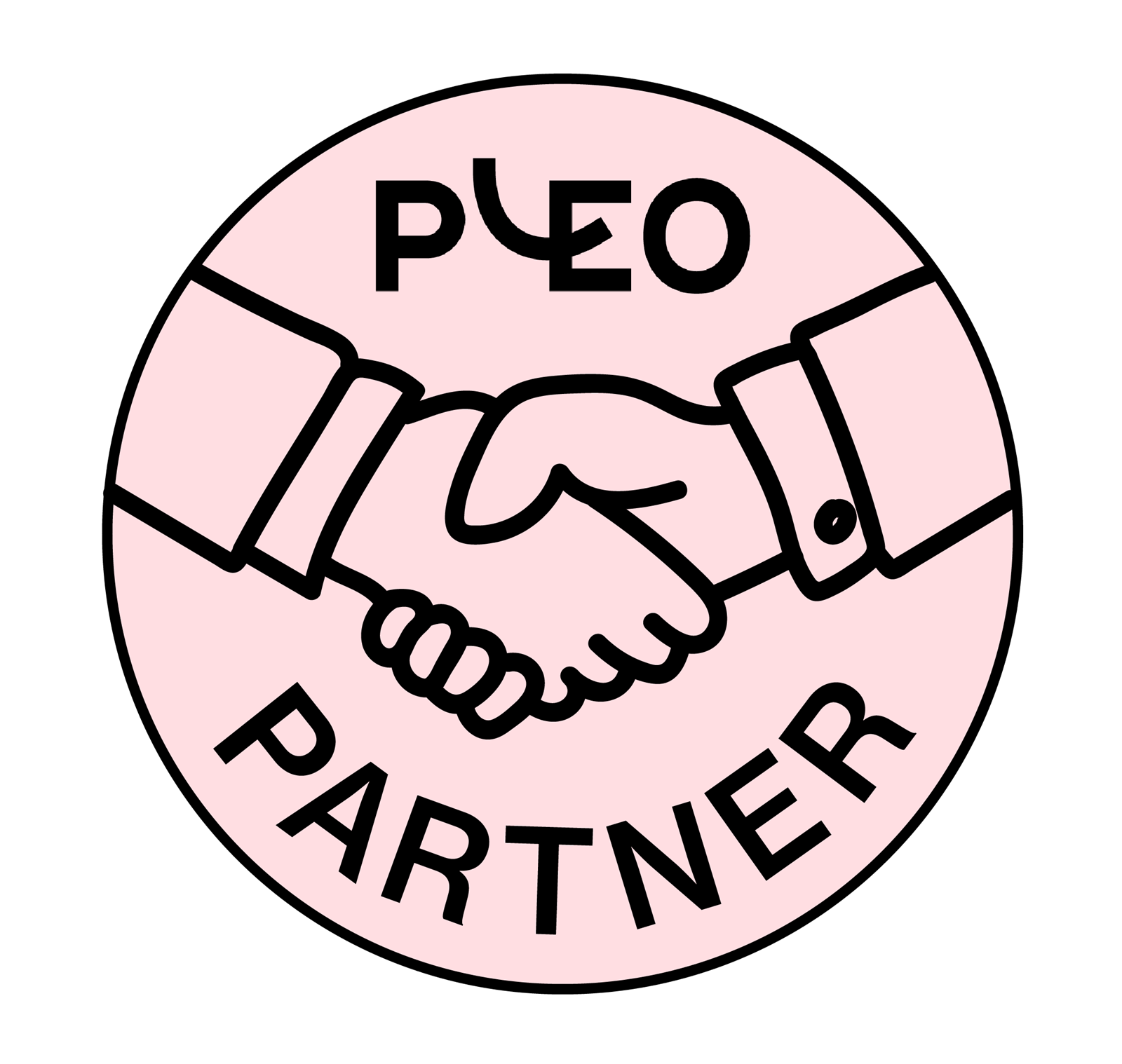 Pleo-partner logga i rosa med två händer tar varandra i hand.