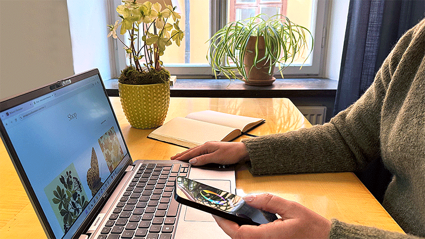 Person sitter vid sin laptop och har en mobiltelefon med appen Swish uppe. Bortom personens dator ser man dagsljuset flöda in genom fönstren.