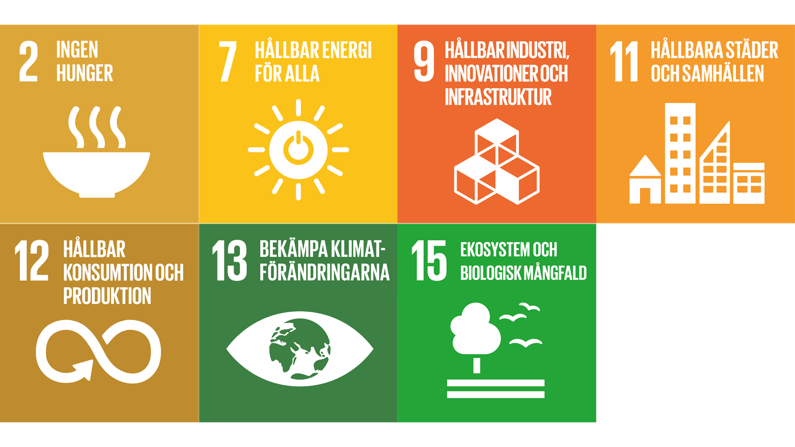 SDG några av dem; 2, 7, 9, 11, 12, 13, 15
