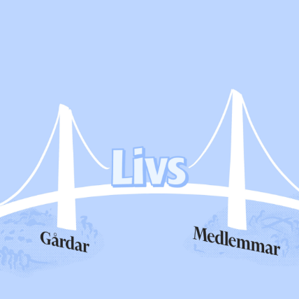 Texten LIVS ovanpå en ljusblå bakgrund och tecknat i bakgrunden ser det ut som en vit bro. Mellan bron står det Gårdar och Medlemmar.