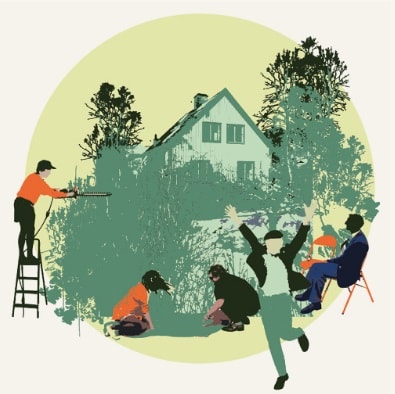 En illustration som går i gröna färger; hus bland träd och en människa står på en stege, en annan dansar.