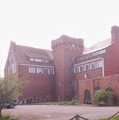 Ett pampigt rött hus och en grön buske skymtar här och var.